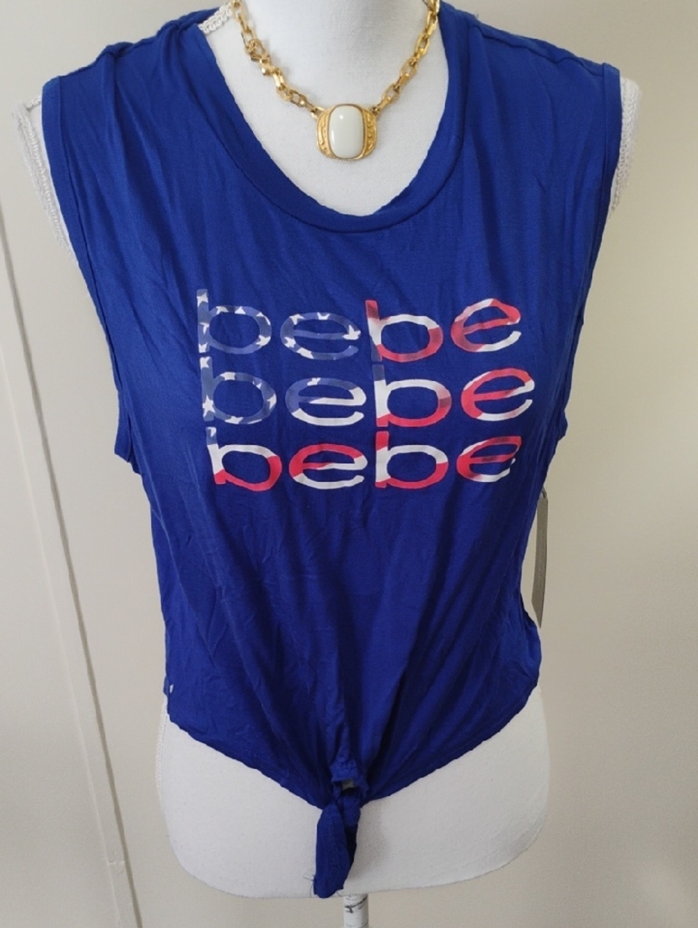 bebe Patriotic Holiday Sleeveless Logo Tie-Front Tank